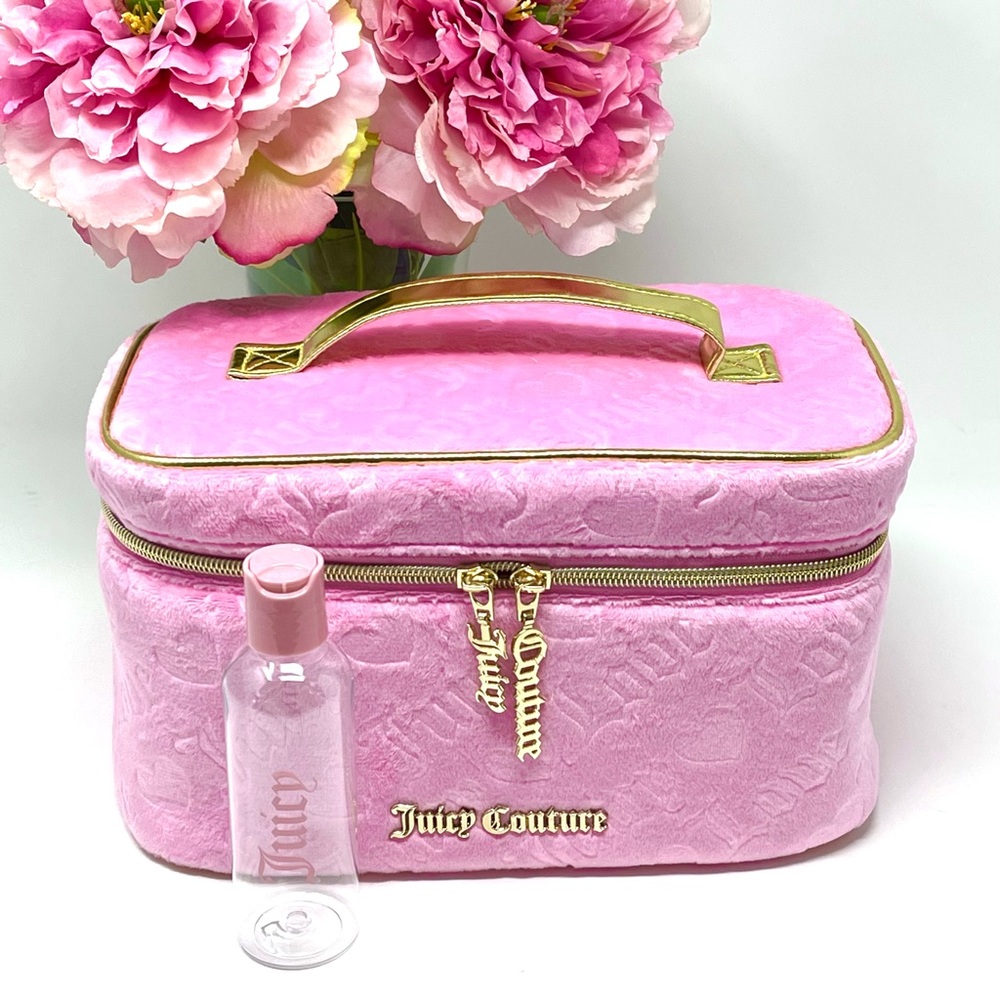 JUICY COUTURE Makeup Bag Pink Velour Travel Cosmetics Train Case Set 2-Pc NWT